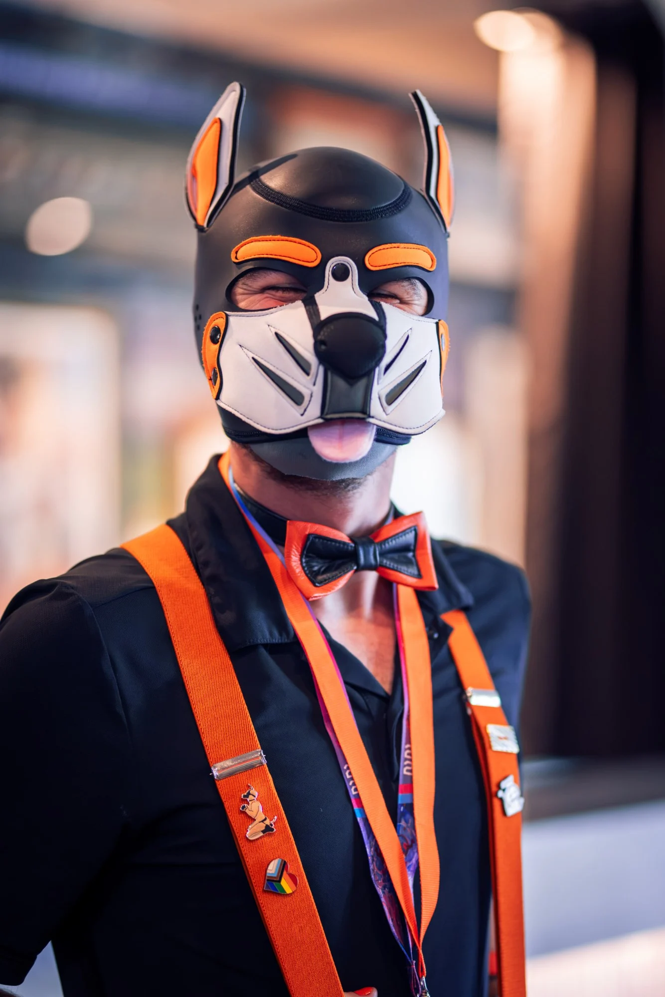 A pup in a black, white and orange hood with orange braces and a bow tie, tongue out and smiling